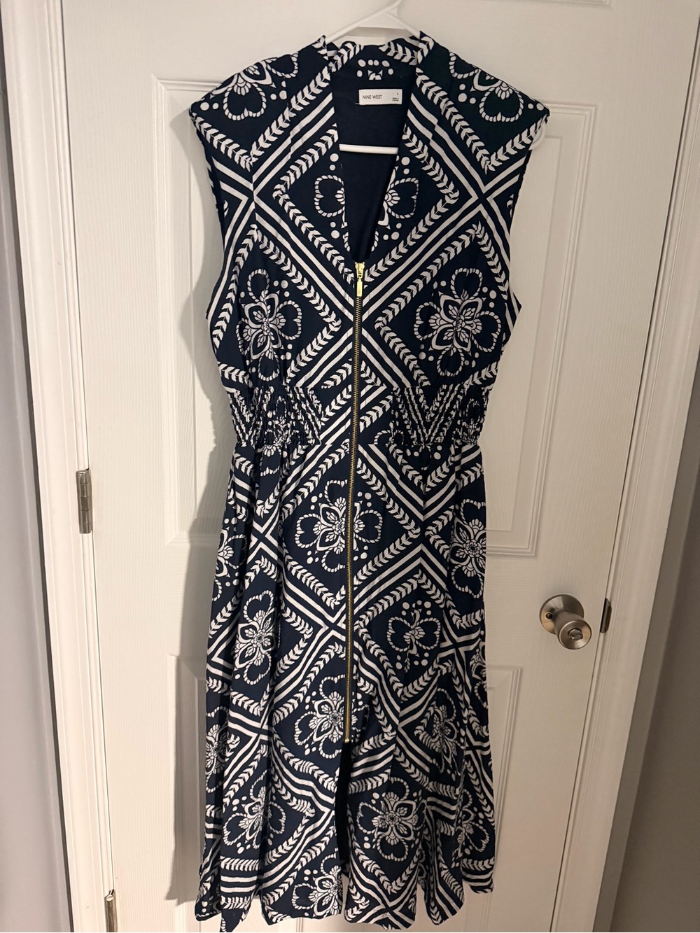 Nine West Navy & White Sleeveless Zip-Front Midi Dress
